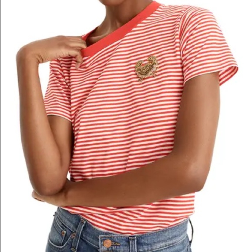 XXS J. Crew Crab Embellished red white striped tee